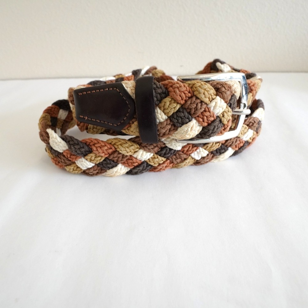 Stefano Corsini Italian Braided Belt Mens 40 Brown Silver Buckle Casual Woven